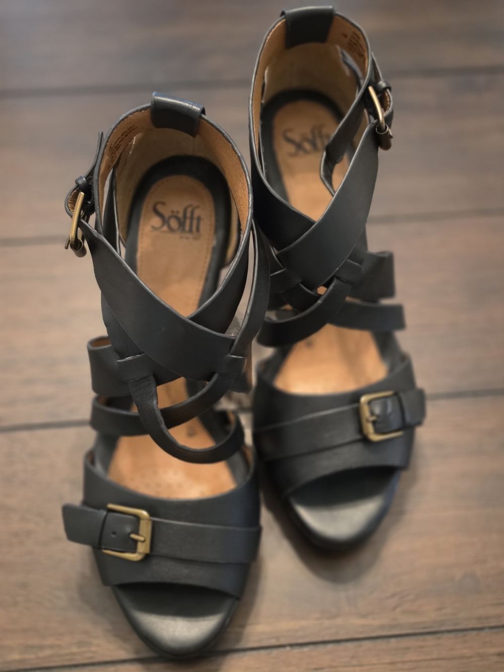 Sofft Black Leather Strappy Buckle Heels for Women
